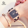 Women's Square Leisure Watch Alloy Case Genuine Leather Strap Rose Gold Clasp Mineral Strengthened Glass Mirror