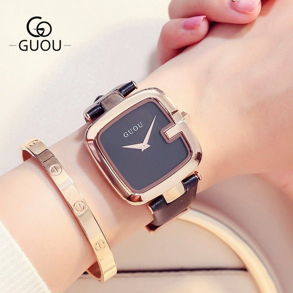 Women's Square Leisure Watch Alloy Case Genuine Leather Strap Rose Gold Clasp Mineral Strengthened Glass Mirror