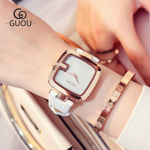 Women's Square Leisure Watch Alloy Case Genuine Leather Strap Rose Gold Clasp Mineral Strengthened Glass Mirror