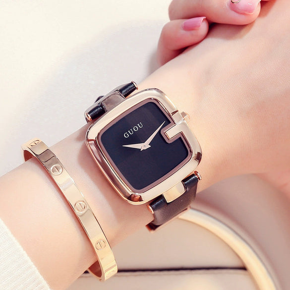 Women's Square Leisure Watch Alloy Case Genuine Leather Strap Rose Gold Clasp Mineral Strengthened Glass Mirror