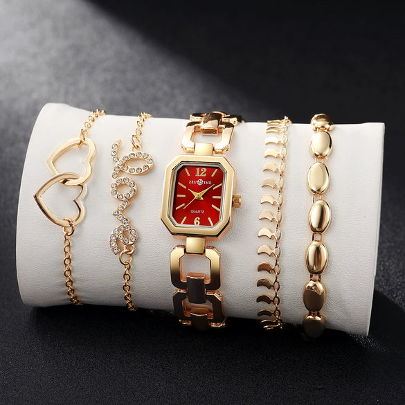 Women's Square Zinc Alloy Case Alloy Strap Quartz Watch With Heart Bracelet Leisure Style
