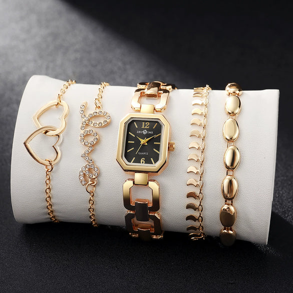 Women's Square Zinc Alloy Case Alloy Strap Quartz Watch With Heart Bracelet Leisure Style