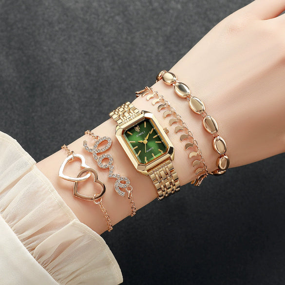 Women's Square Zinc Alloy Case Alloy Strap Quartz Watch With Heart Bracelet Leisure Style