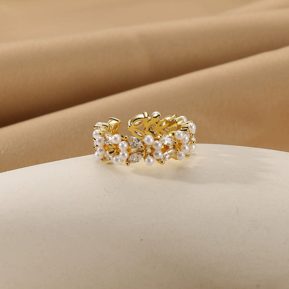 Women's Stacking Ring With Imitation Pearl Copper Animal Zodiac Diamond Studded
