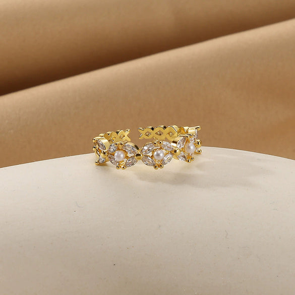 Women's Stacking Ring With Imitation Pearl Copper Animal Zodiac Diamond Studded