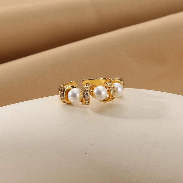 Women's Stacking Ring With Imitation Pearl Copper Animal Zodiac Diamond Studded