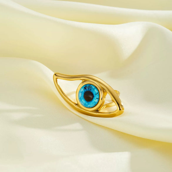 Women's Stainless Steel Adjustable Geometric Ring With Blue Eye Design And 18K Vacuum Electroplated Finish