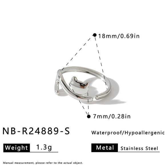 Women's Stainless Steel Adjustable Open Ring With Cat And Dog Motifs Geometric Design And 18K Vacuum Plated Finish