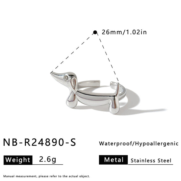 Women's Stainless Steel Adjustable Open Ring With Cat And Dog Motifs Geometric Design And 18K Vacuum Plated Finish