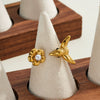 Women's Stainless Steel Adjustable Open Ring With Flower Design Pearls Rhinestones And 18K Vacuum Plated Finish