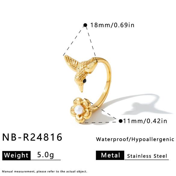 Women's Stainless Steel Adjustable Open Ring With Flower Design Pearls Rhinestones And 18K Vacuum Plated Finish