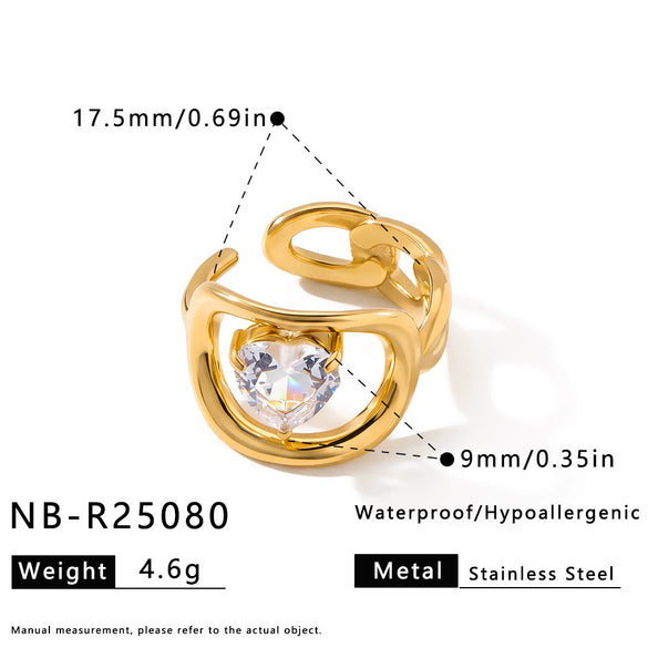 Women's Stainless Steel Adjustable Open Ring With Geometric Teardrop Heart Pattern And Zircon Accents 18K Vacuum Electroplated Finish