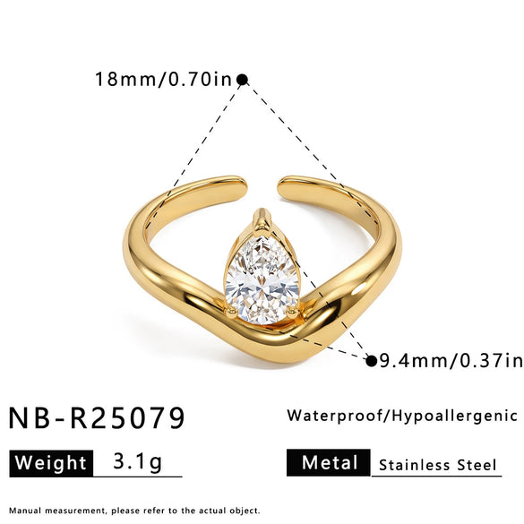 Women's Stainless Steel Adjustable Open Ring With Geometric Teardrop Heart Pattern And Zircon Accents 18K Vacuum Electroplated Finish