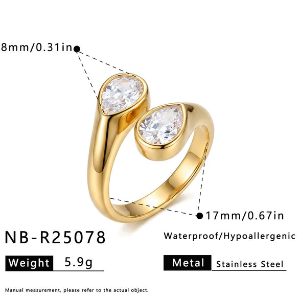 Women's Stainless Steel Adjustable Open Ring With Geometric Teardrop Heart Pattern And Zircon Accents 18K Vacuum Electroplated Finish
