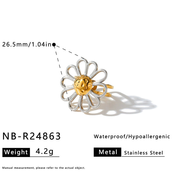 Women's Stainless Steel Adjustable Open Ring With Hollow Flower Geometric Design And Vacuum Plated Non Fading Finish