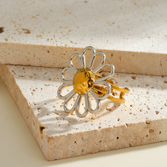 Women's Stainless Steel Adjustable Open Ring With Hollow Flower Geometric Design And Vacuum Plated Non Fading Finish
