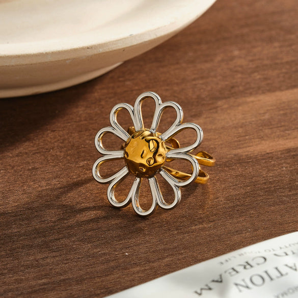 Women's Stainless Steel Adjustable Open Ring With Hollow Flower Geometric Design And Vacuum Plated Non Fading Finish