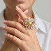 Women's Stainless Steel Adjustable Open Ring With Hollow Flower Geometric Design And Vacuum Plated Non Fading Finish
