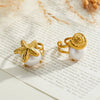Women's Stainless Steel Adjustable Open Ring With Starfish Conch And Pearl Inlay 18K Vacuum Plated Geometric Jewelry