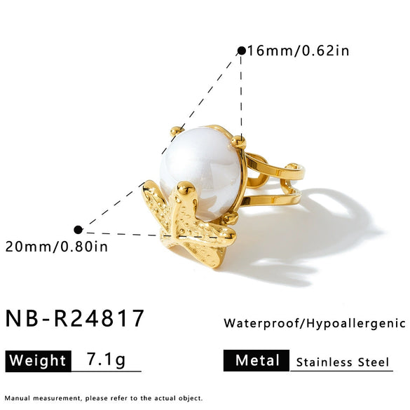 Women's Stainless Steel Adjustable Open Ring With Starfish Conch And Pearl Inlay 18K Vacuum Plated Geometric Jewelry