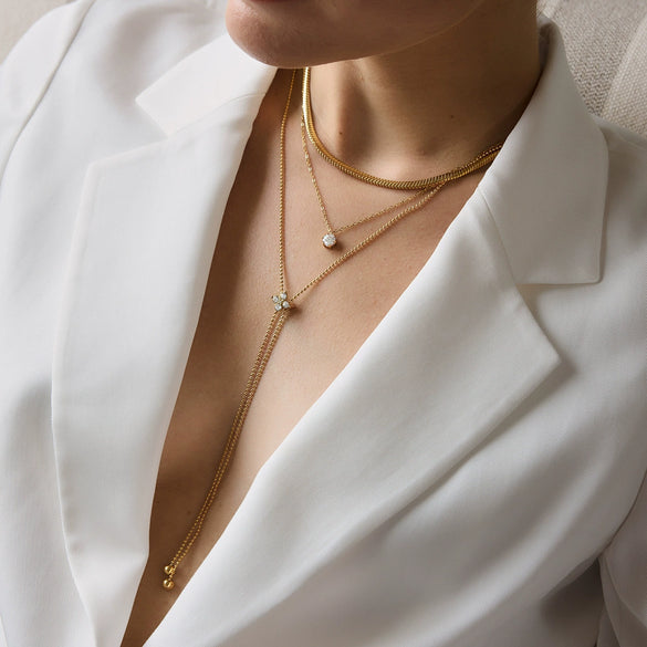 Women's Stainless Steel Adjustable Pullthrough Long Necklace With Geometric Pendant And Pvd Gold Plating