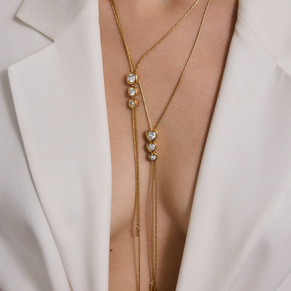 Women's Stainless Steel Adjustable Pullthrough Long Necklace With Geometric Pendant And Pvd Gold Plating