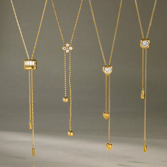 Women's Stainless Steel Adjustable Pullthrough Long Necklace With Geometric Pendant And Pvd Gold Plating