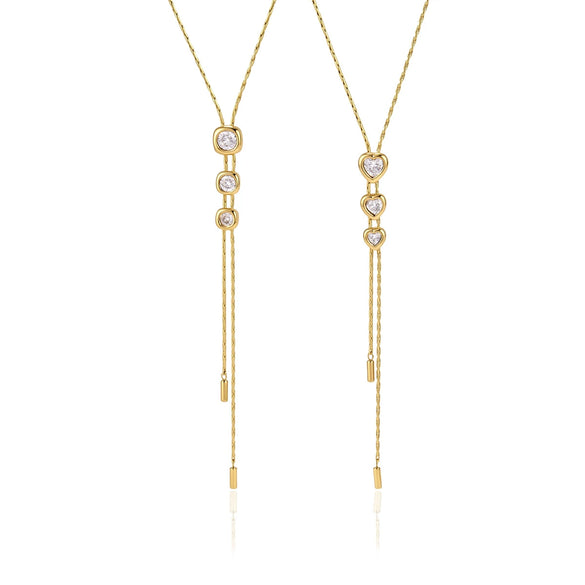 Women's Stainless Steel Adjustable Pullthrough Long Necklace With Geometric Pendant And Pvd Gold Plating