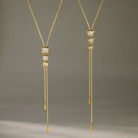 Women's Stainless Steel Adjustable Pullthrough Long Necklace With Geometric Pendant And Pvd Gold Plating