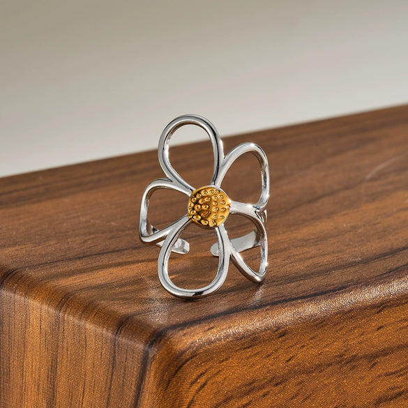 Women's Stainless Steel Adjustable Ring With Gold Silver Color Block Hollow Flower Geometric Design And 18K Vacuum Plated Finish