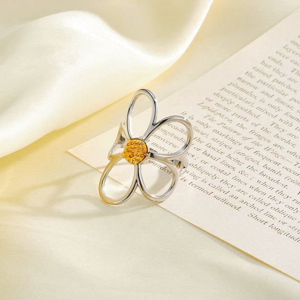 Women's Stainless Steel Adjustable Ring With Gold Silver Color Block Hollow Flower Geometric Design And 18K Vacuum Plated Finish