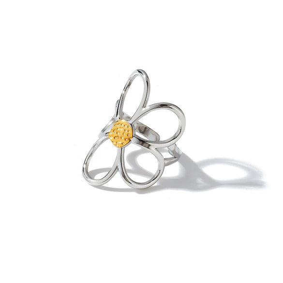 Women's Stainless Steel Adjustable Ring With Gold Silver Color Block Hollow Flower Geometric Design And 18K Vacuum Plated Finish