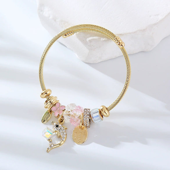 Women's Stainless Steel Alloy Gold Bracelet With Geometric Style Animal Zodiac Pattern And Diamond Design