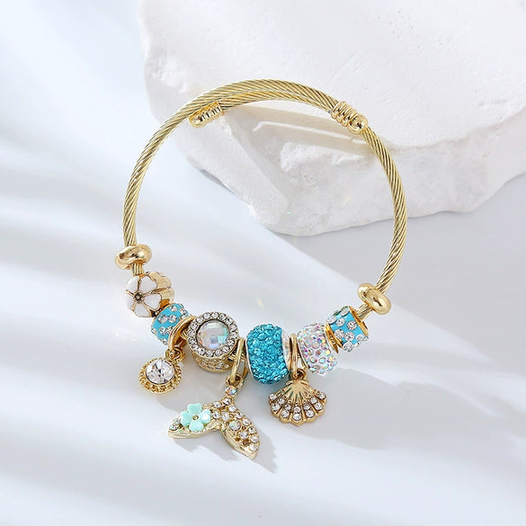 Women's Stainless Steel Alloy Gold Bracelet With Geometric Style Animal Zodiac Pattern And Diamond Design
