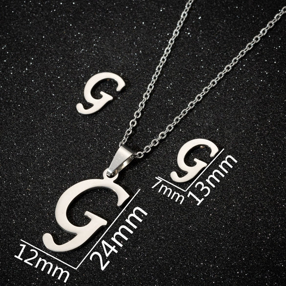 Women's Stainless Steel Alphabet Letter Pendant Necklace And Earring Set With Electroplated Finish And Simple Ochain Design