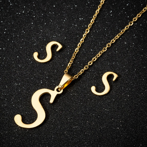 Women's Stainless Steel Alphabet Letter Pendant Necklace And Earring Set With Electroplated Finish And Simple Ochain Design