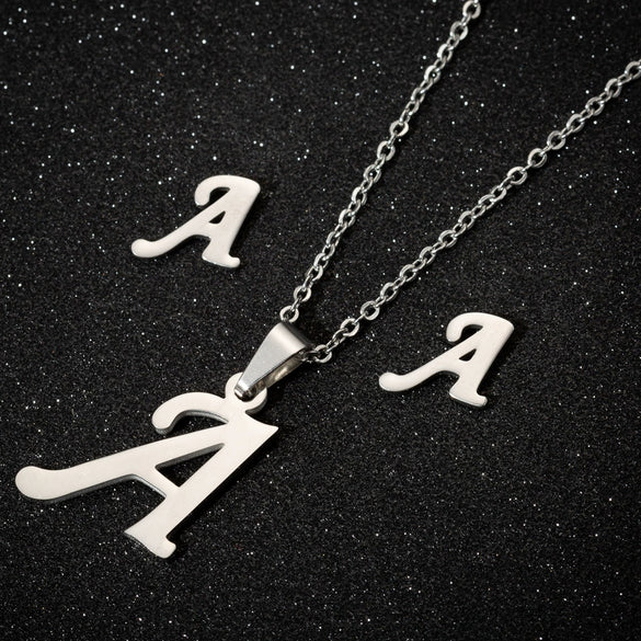 Women's Stainless Steel Alphabet Letter Pendant Necklace And Earring Set With Electroplated Finish And Simple Ochain Design