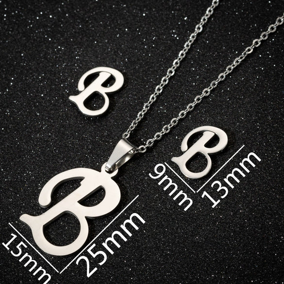 Women's Stainless Steel Alphabet Letter Pendant Necklace And Earring Set With Electroplated Finish And Simple Ochain Design