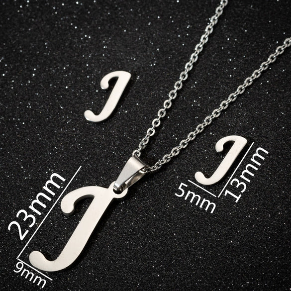 Women's Stainless Steel Alphabet Letter Pendant Necklace And Earring Set With Electroplated Finish And Simple Ochain Design
