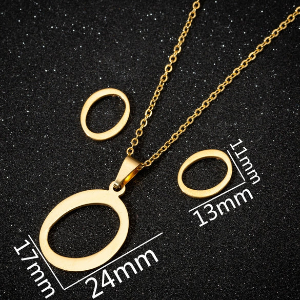 Women's Stainless Steel Alphabet Letter Pendant Necklace And Earring Set With Electroplated Finish And Simple Ochain Design