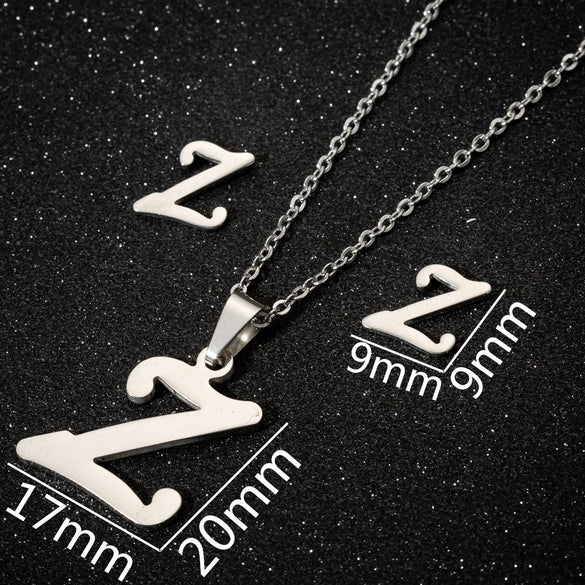 Women's Stainless Steel Alphabet Letter Pendant Necklace And Earring Set With Electroplated Finish And Simple Ochain Design