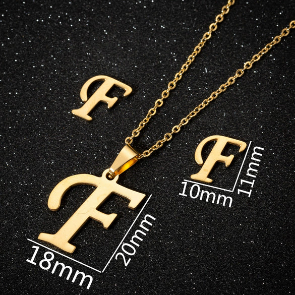 Women's Stainless Steel Alphabet Letter Pendant Necklace And Earring Set With Electroplated Finish And Simple Ochain Design
