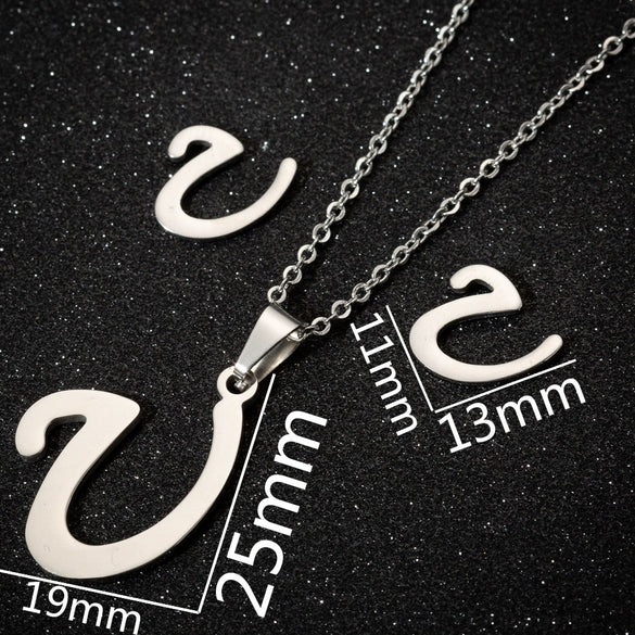 Women's Stainless Steel Alphabet Letter Pendant Necklace And Earring Set With Electroplated Finish And Simple Ochain Design