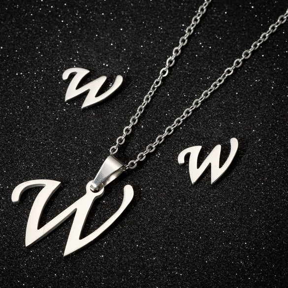 Women's Stainless Steel Alphabet Letter Pendant Necklace And Earring Set With Electroplated Finish And Simple Ochain Design