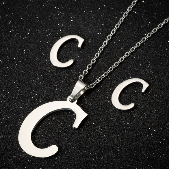 Women's Stainless Steel Alphabet Letter Pendant Necklace And Earring Set With Electroplated Finish And Simple Ochain Design