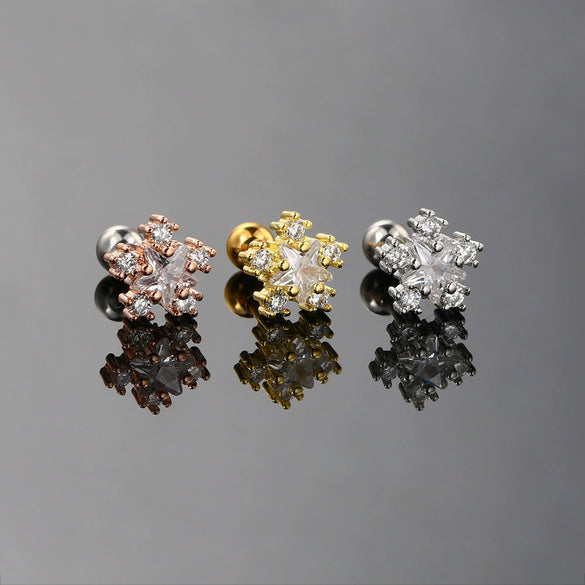 Women's Stainless Steel And Copper Geometric Flower Star Moon Twist Ball Piercing Earrings With Electroplating Treatment