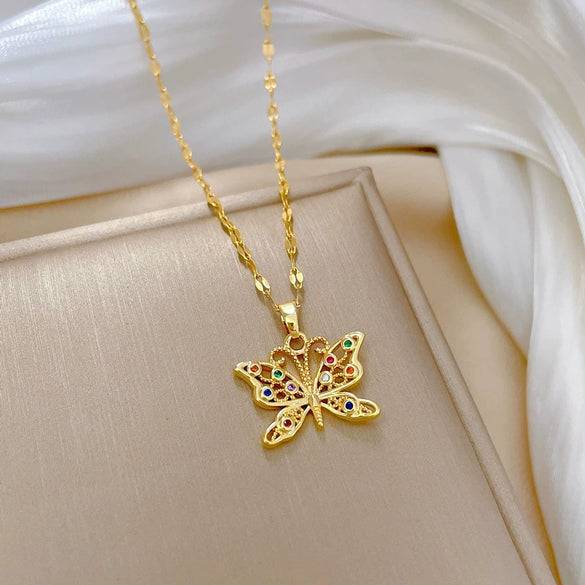 Women's Stainless Steel And Copper Necklace With Geometric Pattern And Electroplating Colorful Butterfly Design