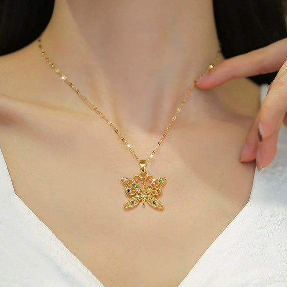 Women's Stainless Steel And Copper Necklace With Geometric Pattern And Electroplating Colorful Butterfly Design