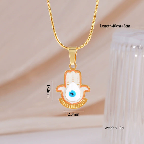 Women's Stainless Steel And Copper Necklace With Palm Pattern And Angel Devil's Eye Design Electroplated O Word Chain Titanium Steel Pendant