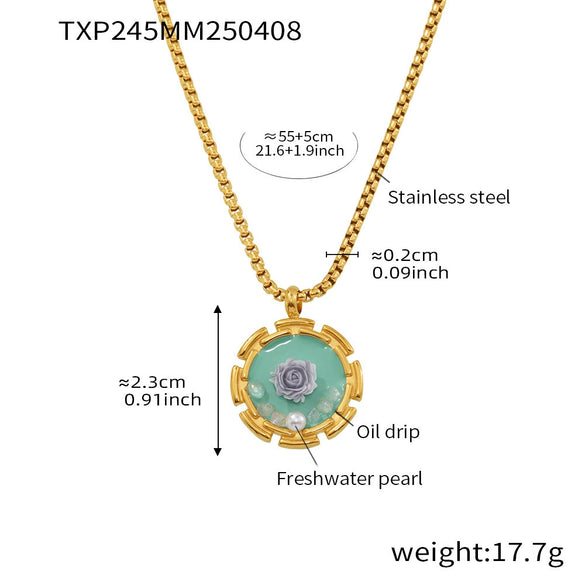 Women's Stainless Steel And Freshwater Pearl Clavicle Necklace And Open Ring Set With Enamel Glaze Rose Electroplated Snake Bone Chain